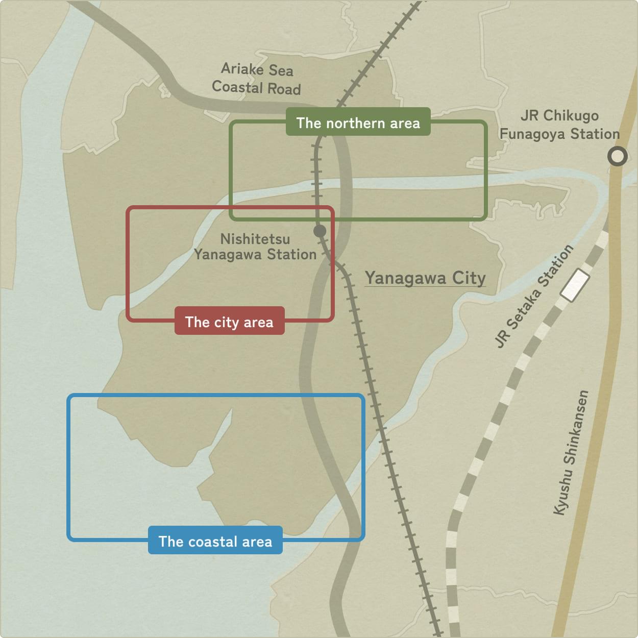 Access map to Yanagawa City. The main transportation facilities and routes are shown, and you can see at a glance how to access the city by train, bus, and car.